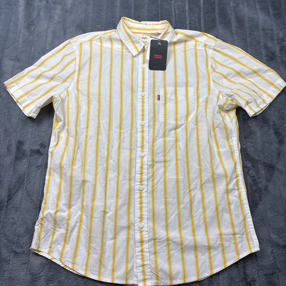 Levis Mens Short Sleeve Button Up Shirt Yellow White Striped Cotton Large 14753